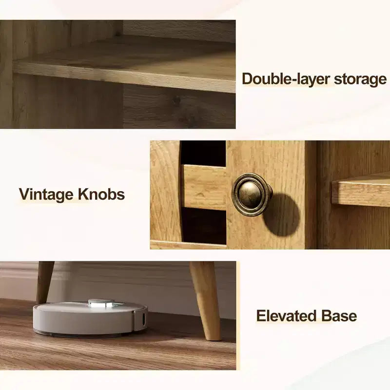 Meuble TV en rotin avec rangement pour téléviseurs de 65 pouces, console média et 2 étagères ouvertes pour salon, marron