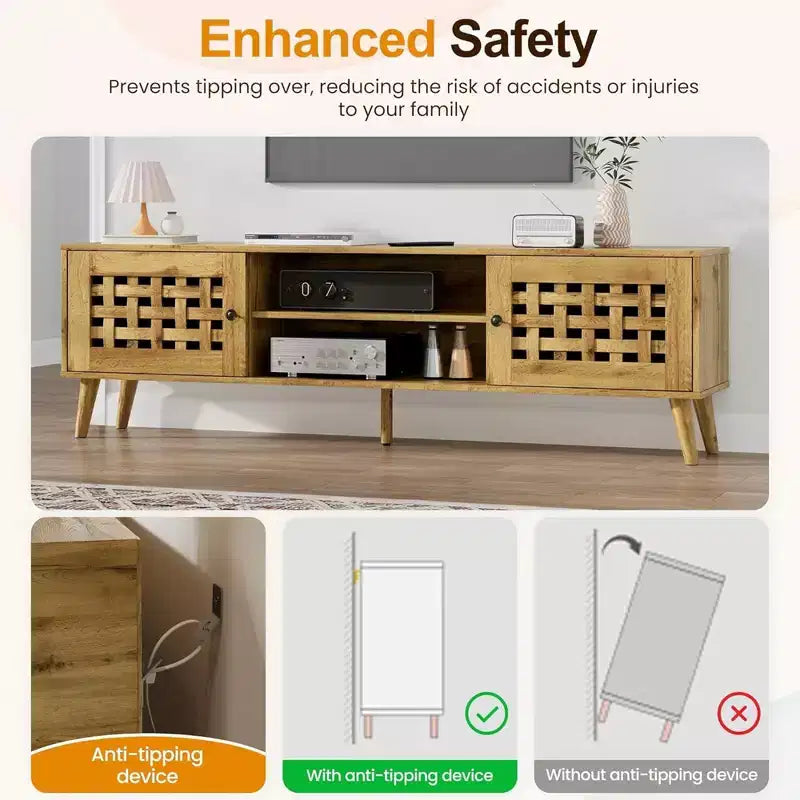 Meuble TV en rotin avec rangement pour téléviseurs de 65 pouces, console média et 2 étagères ouvertes pour salon, marron