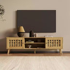 Meuble TV en rotin avec rangement pour téléviseurs de 65 pouces, console média et 2 étagères ouvertes pour salon, marron