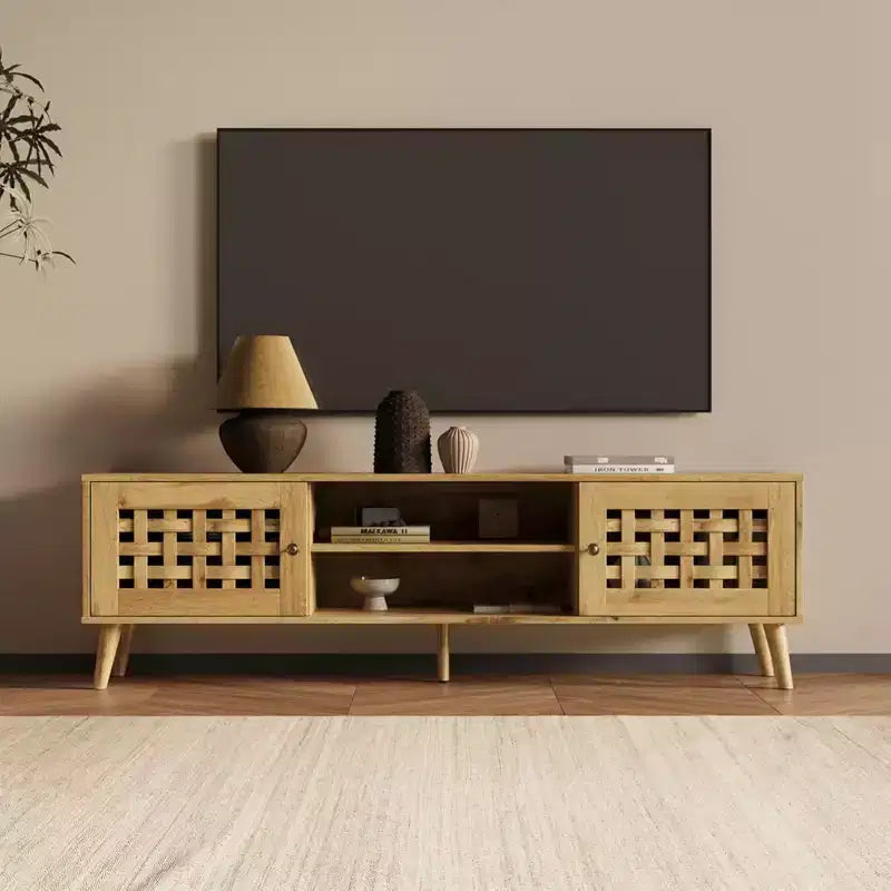 Meuble TV en rotin avec rangement pour téléviseurs de 65 pouces, console média et 2 étagères ouvertes pour salon, marron