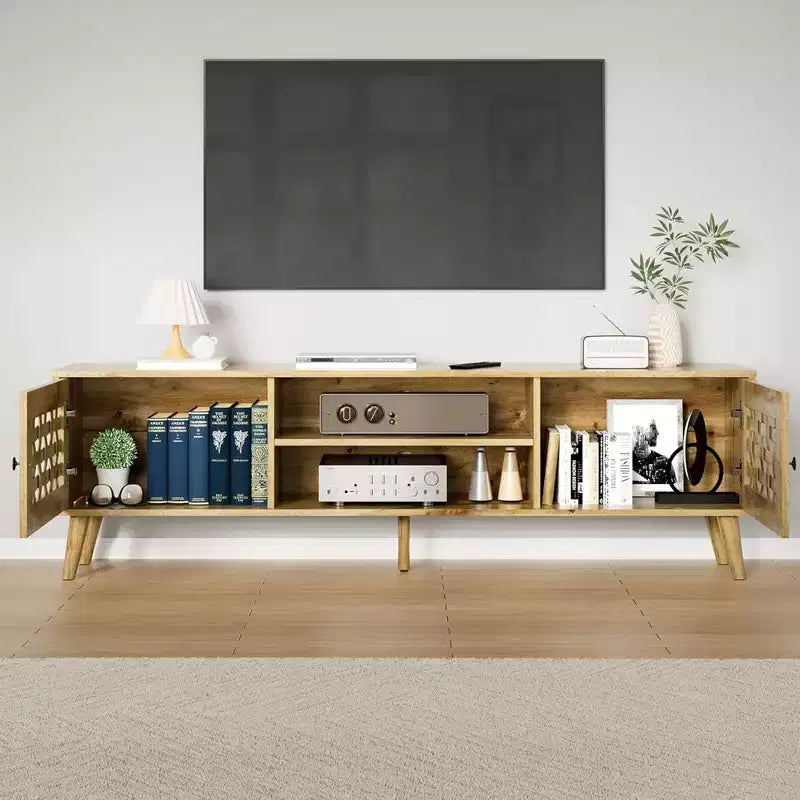 Meuble TV en rotin avec rangement pour téléviseurs de 65 pouces, console média et 2 étagères ouvertes pour salon, marron