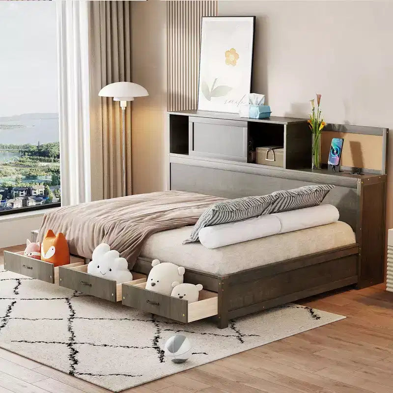 Full Size Wooden Daybed with 3 Storage Drawers Upper Soft Board shelf and a set of Sockets and USB Ports Gray