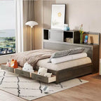 Full Size Wooden Daybed with 3 Storage Drawers Upper Soft Board shelf and a set of Sockets and USB Ports Gray