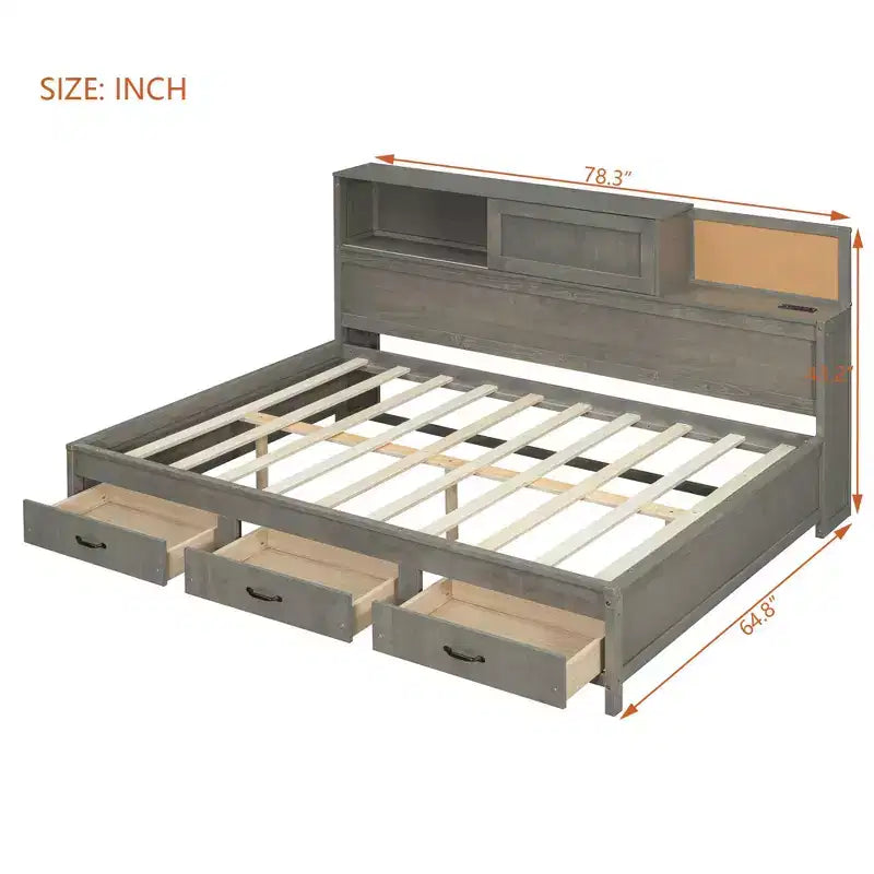 Full Size Wooden Daybed with 3 Storage Drawers Upper Soft Board shelf and a set of Sockets and USB Ports Gray