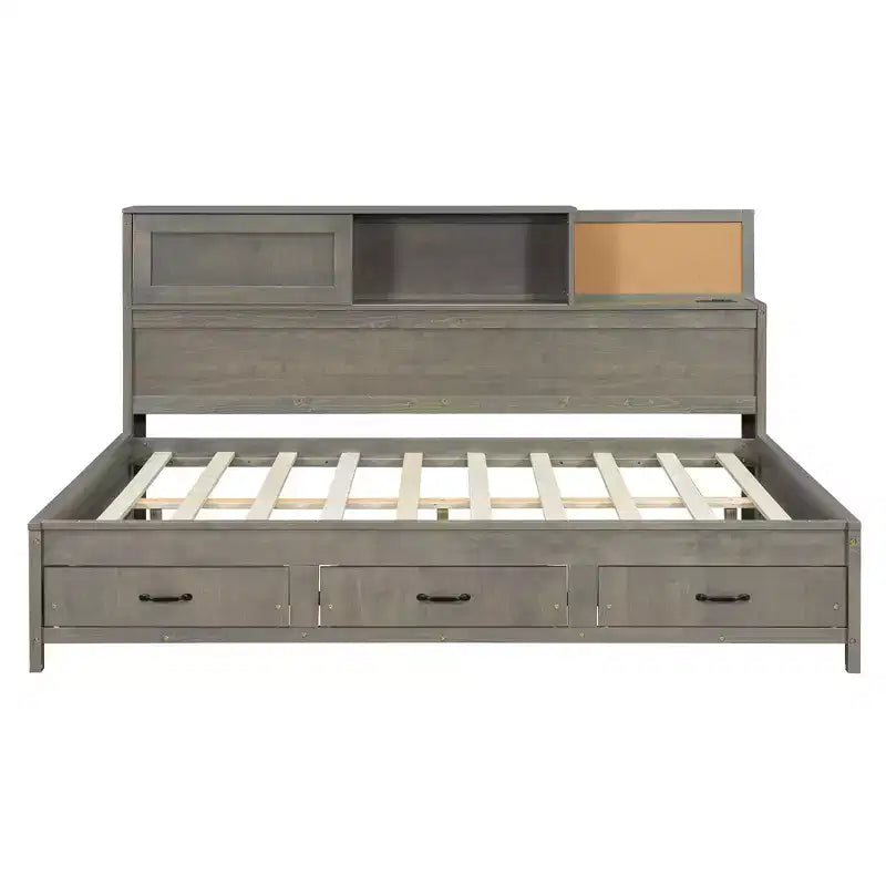 Full Size Wooden Daybed with 3 Storage Drawers Upper Soft Board shelf and a set of Sockets and USB Ports Gray