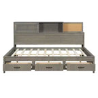 Lit de repos en bois de taille standard avec 3 tiroirs de rangement, étagère supérieure rembourrée, prises électriques et ports USB — Gris