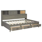 Lit de repos en bois de taille standard avec 3 tiroirs de rangement, étagère supérieure rembourrée, prises électriques et ports USB — Gris