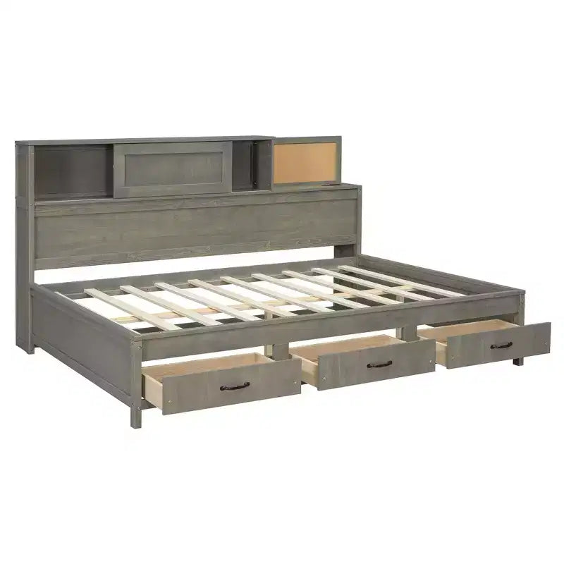 Full Size Wooden Daybed with 3 Storage Drawers Upper Soft Board shelf and a set of Sockets and USB Ports Gray