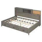 Lit de repos en bois de taille standard avec 3 tiroirs de rangement, étagère supérieure rembourrée, prises électriques et ports USB — Gris