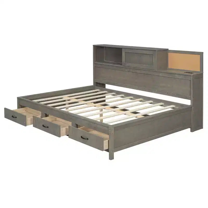 Lit de repos en bois de taille standard avec 3 tiroirs de rangement, étagère supérieure rembourrée, prises électriques et ports USB — Gris