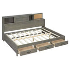 Lit de repos en bois de taille standard avec 3 tiroirs de rangement, étagère supérieure rembourrée, prises électriques et ports USB — Gris