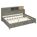Lit de repos en bois de taille standard avec 3 tiroirs de rangement, étagère supérieure rembourrée, prises électriques et ports USB — Gris