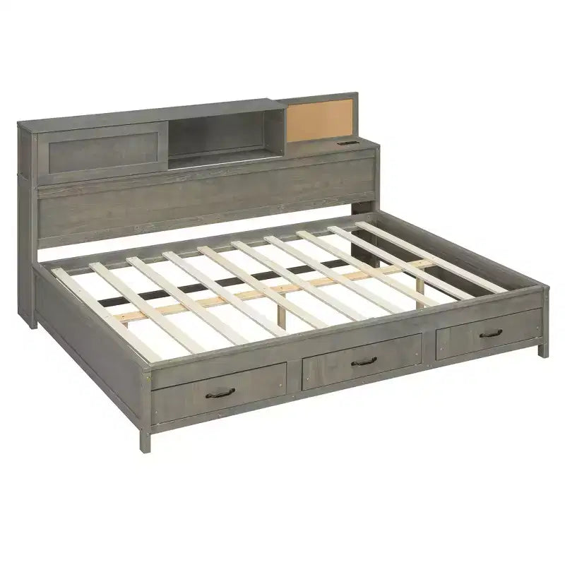 Lit de repos en bois de taille standard avec 3 tiroirs de rangement, étagère supérieure rembourrée, prises électriques et ports USB — Gris