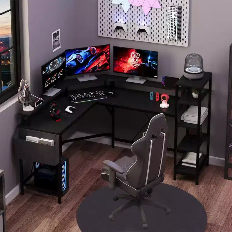 61 L Shaped Gaming Desk, with Monitor Stand, L-Shaped Corner Computer Desks, Built-in LED Lights and Side Storage Pockets, for Small Spaces
