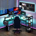 Bureau de jeu en forme de L de 61 pouces, avec support pour écran, bureau d'angle en forme de L pour ordinateur, éclairage LED intégré et poches de rangement latérales, pour les petits espaces.