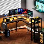 Bureau de jeu en forme de L de 61 pouces, avec support pour écran, bureau d'angle en forme de L pour ordinateur, éclairage LED intégré et poches de rangement latérales, pour les petits espaces.