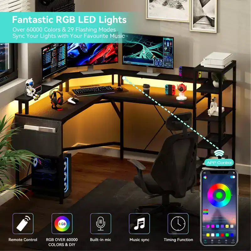Bureau de jeu en forme de L de 61 pouces, avec support pour écran, bureau d'angle en forme de L pour ordinateur, éclairage LED intégré et poches de rangement latérales, pour les petits espaces.