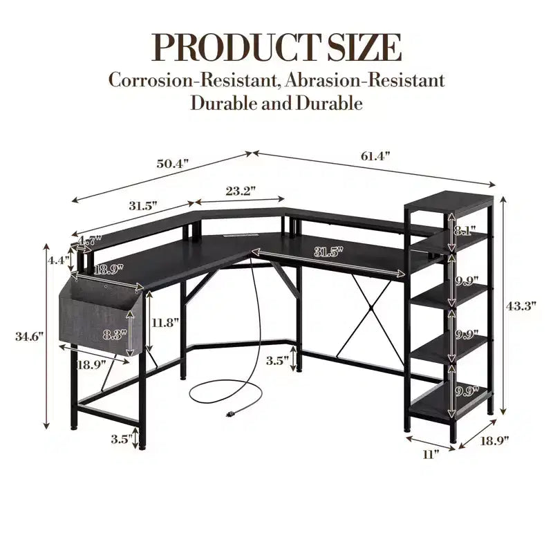 Bureau de jeu en forme de L de 61 pouces, avec support pour écran, bureau d'angle en forme de L pour ordinateur, éclairage LED intégré et poches de rangement latérales, pour les petits espaces.