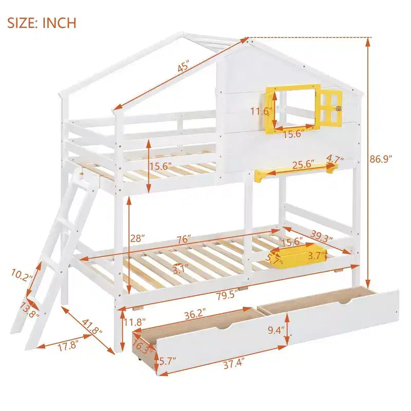 Lit superposé (deux couchages simples) avec 2 tiroirs, 1 coffre de rangement, 1 étagère, une fenêtre et un toit — Blanc