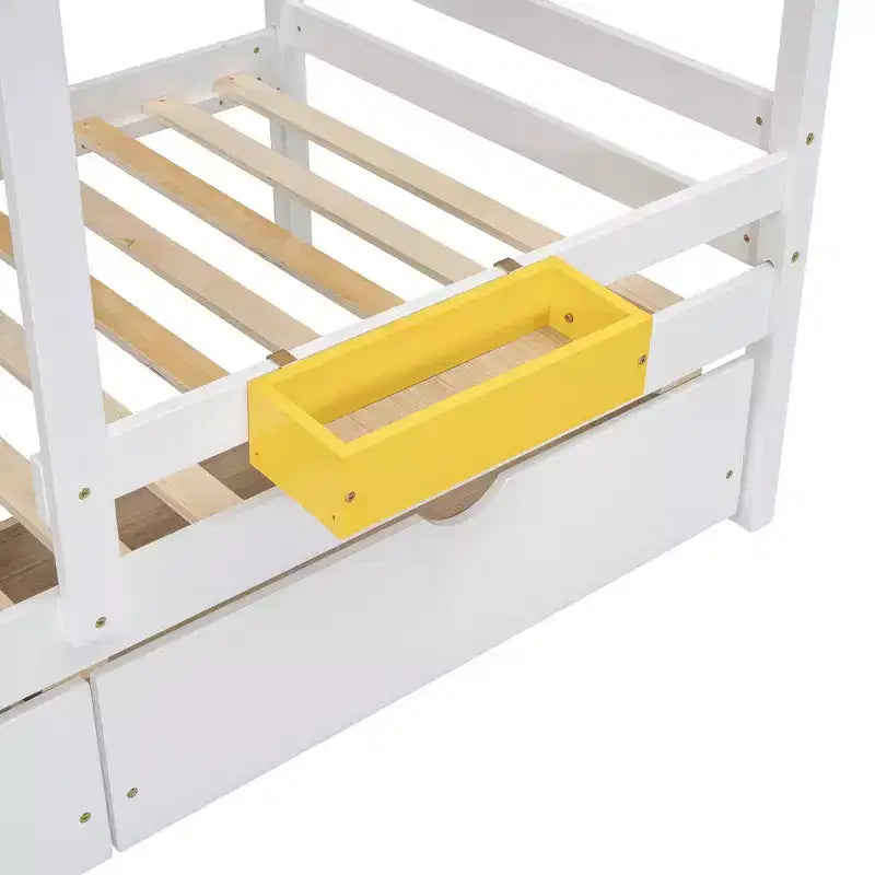 Lit superposé (deux couchages simples) avec 2 tiroirs, 1 coffre de rangement, 1 étagère, une fenêtre et un toit — Blanc
