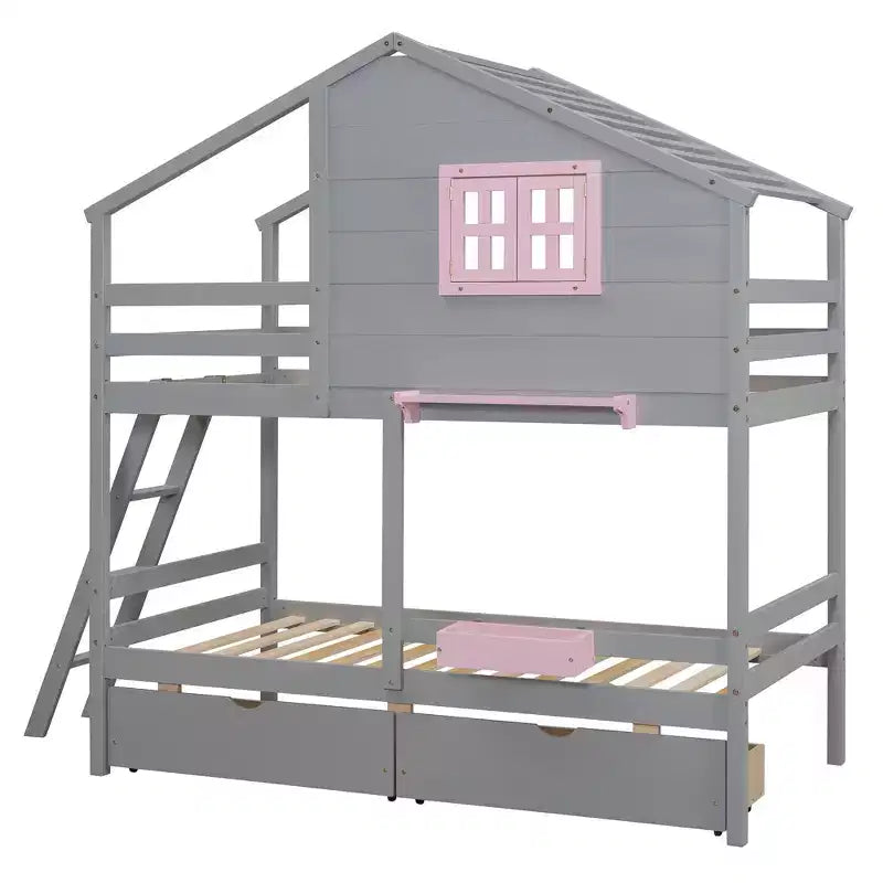 Twin over Twin Bunk Bed with 2 Drawers, 1 Storage Box, 1 Shelf, Window and Roof-White