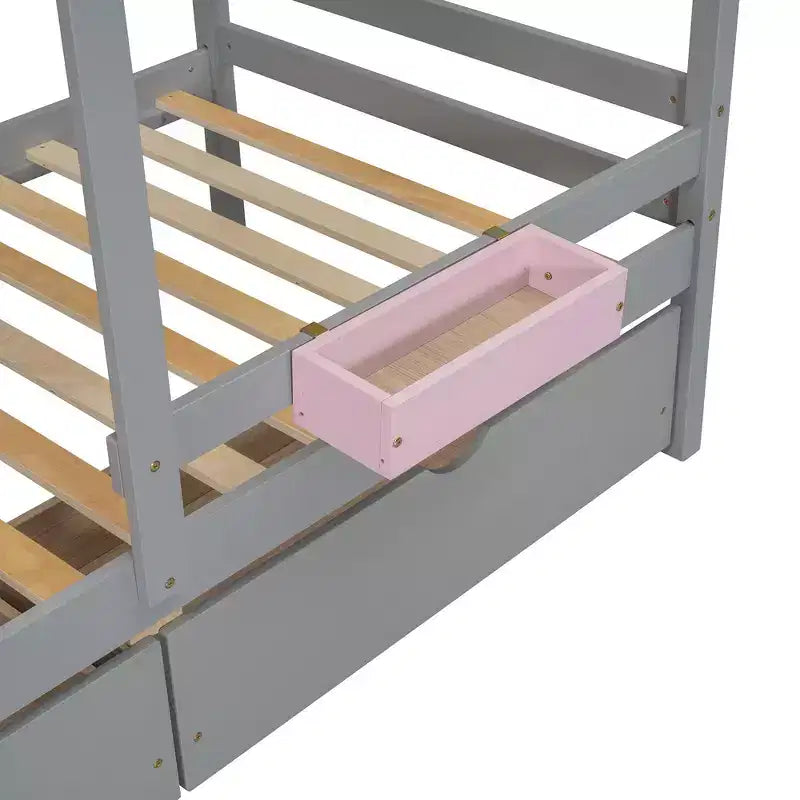 Twin over Twin Bunk Bed with 2 Drawers, 1 Storage Box, 1 Shelf, Window and Roof-White