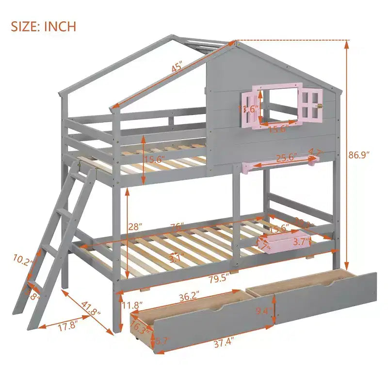 Twin over Twin Bunk Bed with 2 Drawers, 1 Storage Box, 1 Shelf, Window and Roof-White