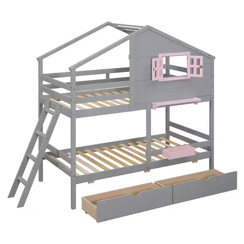 Lit superposé (deux couchages simples) avec 2 tiroirs, 1 coffre de rangement, 1 étagère, une fenêtre et un toit — Blanc