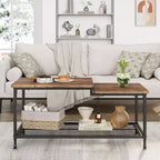 Rustic Brown Industrial Coffee Table with 2-Tier Mesh Shelf, Metal Frame, Waterproof Surface, Easy Assembly for Living Room, Bedroom, Office