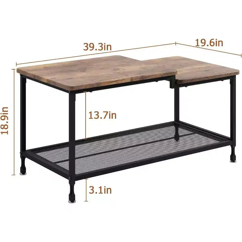 Table basse industrielle rustique marron avec étagère en maille à 2 niveaux, cadre métallique, surface imperméable, montage facile pour salon, chambre, bureau
