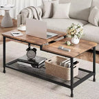 Table basse industrielle rustique marron avec étagère en maille à 2 niveaux, cadre métallique, surface imperméable, montage facile pour salon, chambre, bureau