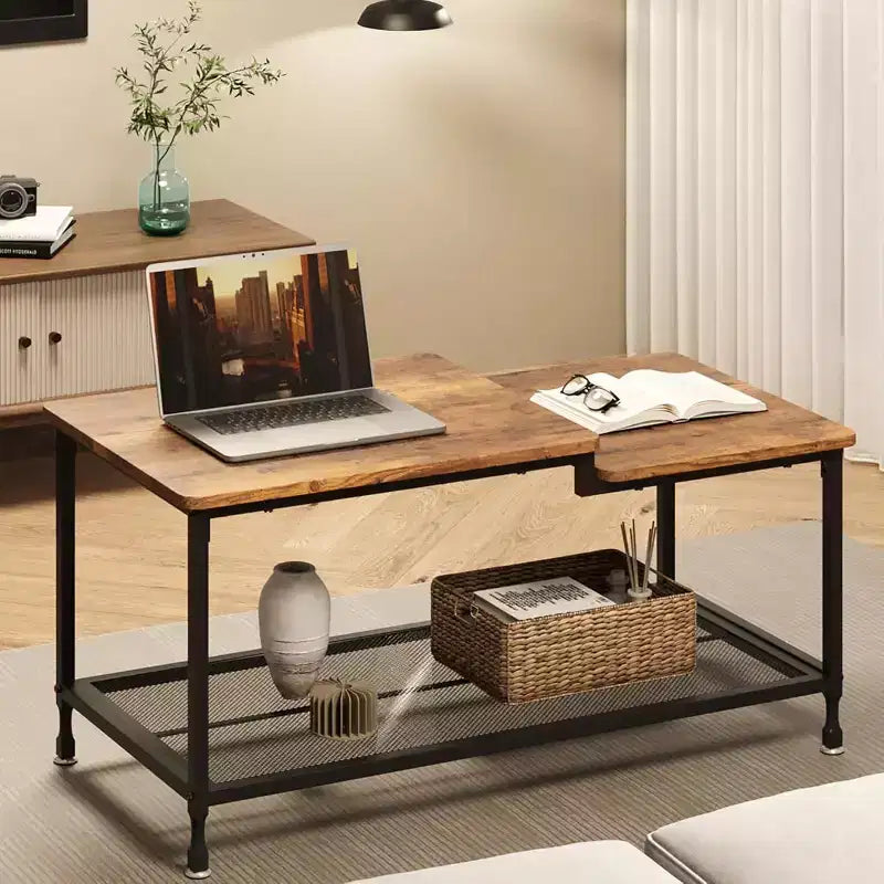 Table basse industrielle rustique marron avec étagère en maille à 2 niveaux, cadre métallique, surface imperméable, montage facile pour salon, chambre, bureau