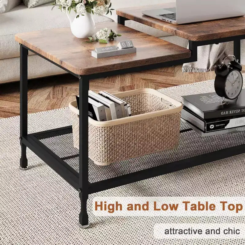 Table basse industrielle rustique marron avec étagère en maille à 2 niveaux, cadre métallique, surface imperméable, montage facile pour salon, chambre, bureau