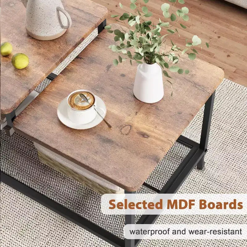 Table basse industrielle rustique marron avec étagère en maille à 2 niveaux, cadre métallique, surface imperméable, montage facile pour salon, chambre, bureau