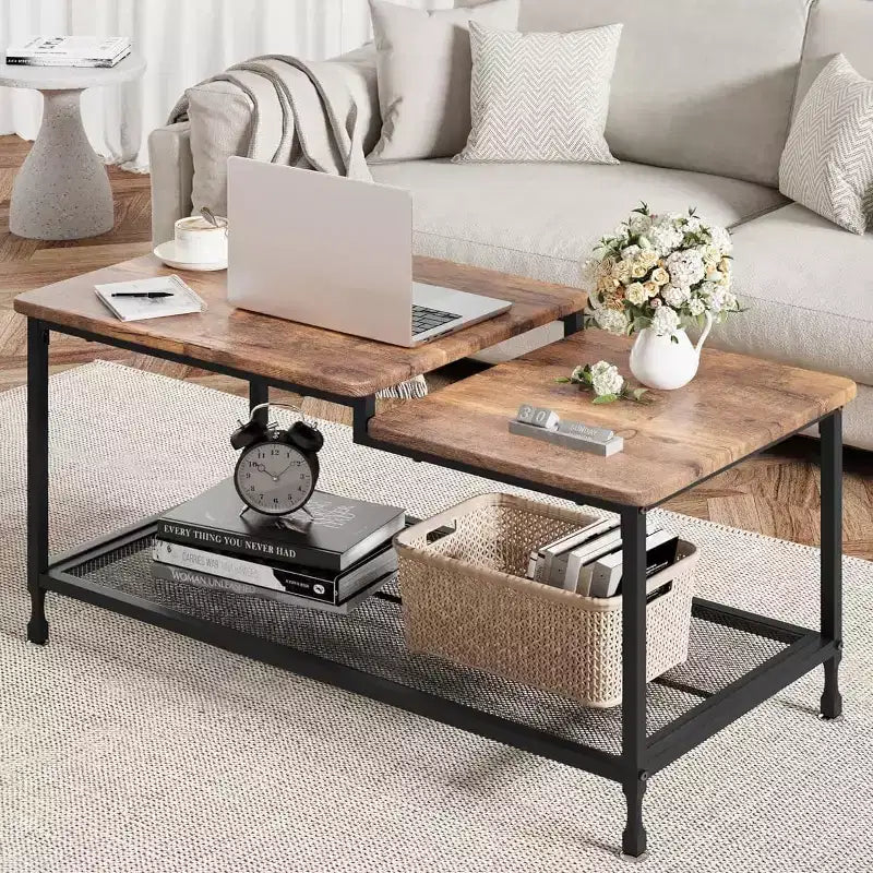 Table basse industrielle rustique marron avec étagère en maille à 2 niveaux, cadre métallique, surface imperméable, montage facile pour salon, chambre, bureau