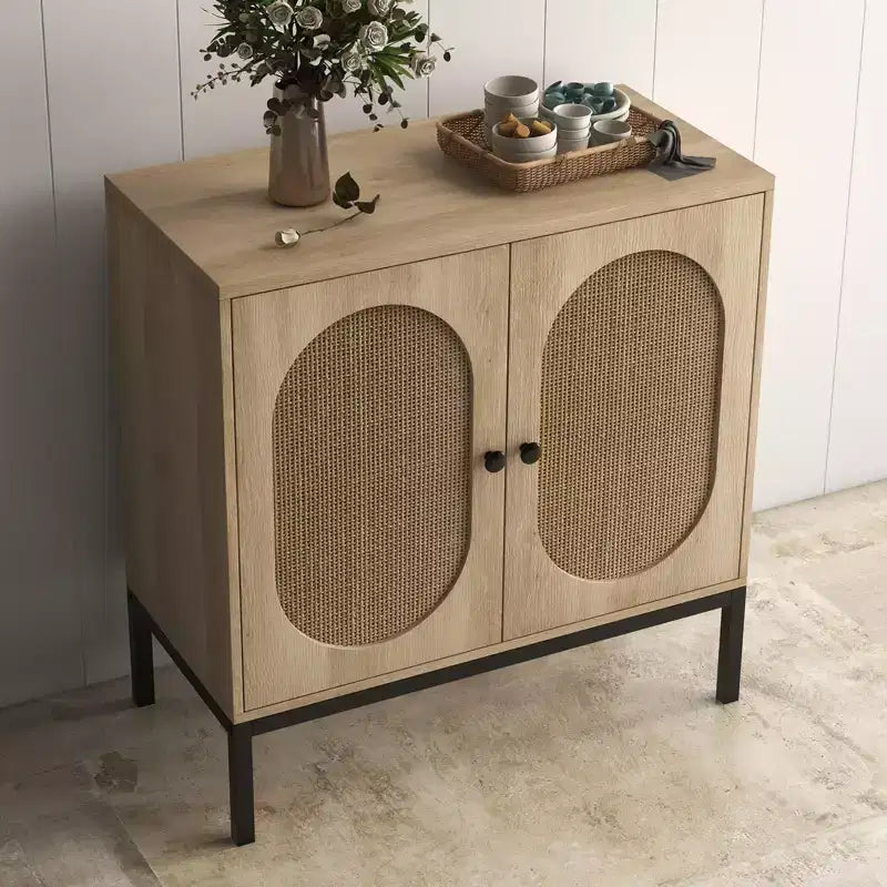 Rattan Buffet Cabinet - 2-Tier Storage Sideboard w/Adjustable Shelves for Dining Room, Living Room & Entryway