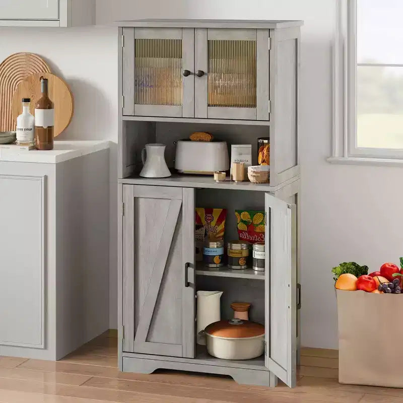 Acekool 50.4 Tall Storage Cabinet with Glass Doors, Adjustable Shelves, Hutch Pantry Bar Cabinet for Kitchen Living Room