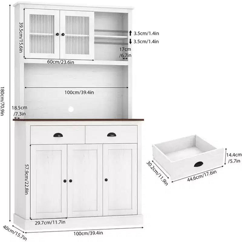 71 Armoire de cuisine avec emplacement micro-ondes - 5 portes et étagères réglables, Blanche