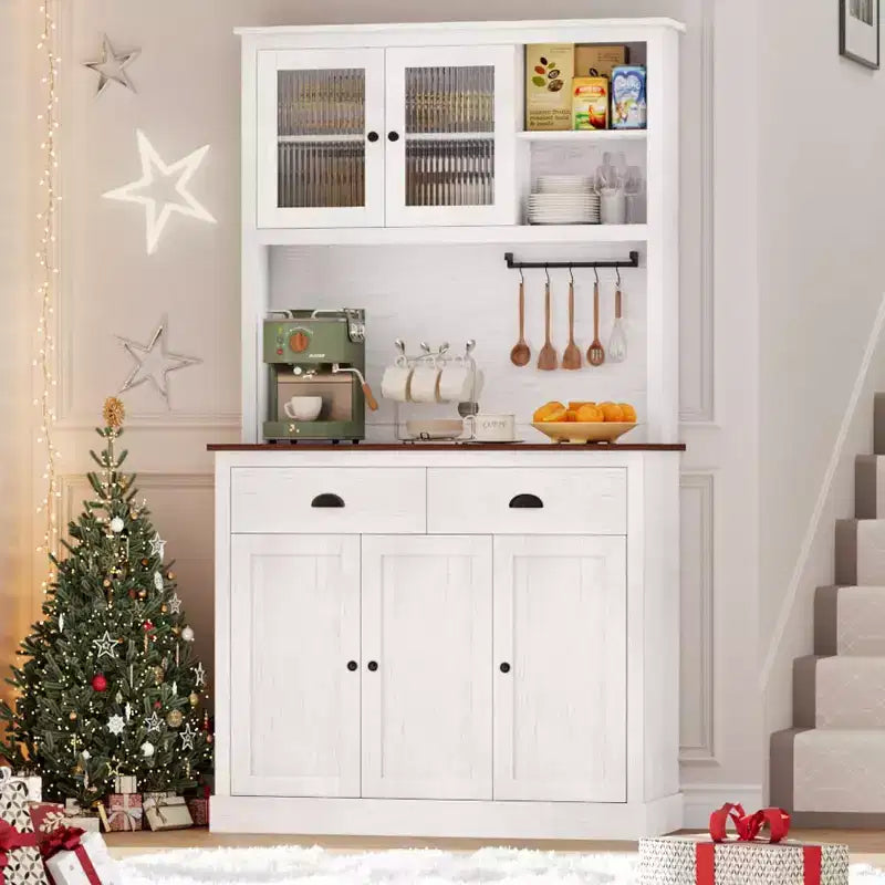 71 Armoire de cuisine avec emplacement micro-ondes - 5 portes et étagères réglables, Blanche