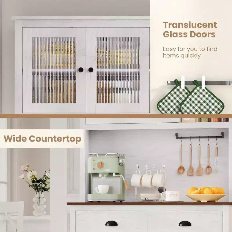 71 Armoire de cuisine avec emplacement micro-ondes - 5 portes et étagères réglables, Blanche