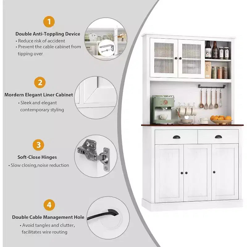 71 Armoire de cuisine avec emplacement micro-ondes - 5 portes et étagères réglables, Blanche