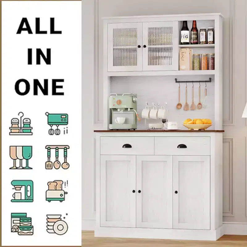 71 Armoire de cuisine avec emplacement micro-ondes - 5 portes et étagères réglables, Blanche