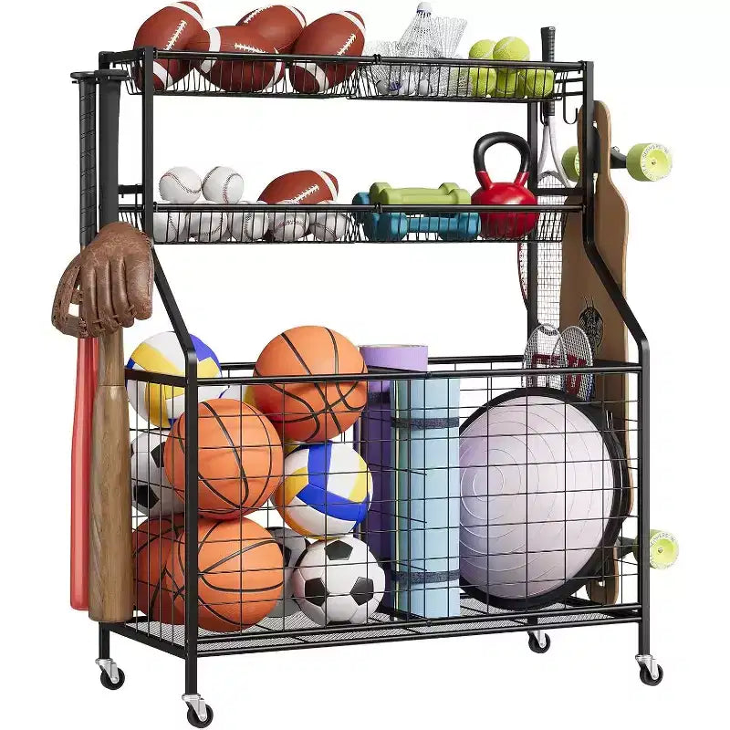Sports Storage Organizer for Garage,Large Capacity Sports Equipment Organizer with Hooks and Baskets,Rolling Ball Cart