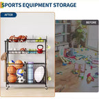 Organisateur de rangement de sport pour garage, Organisateur d'équipement de sport grande capacité avec crochets et paniers, Chariot à roulettes pour ballons
