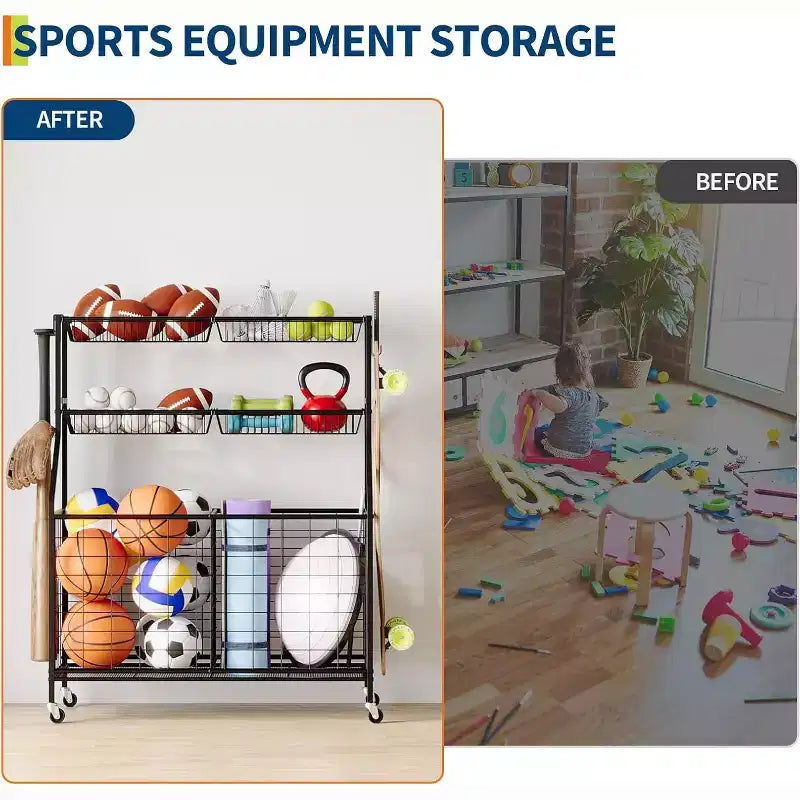 Organisateur de rangement de sport pour garage, Organisateur d'équipement de sport grande capacité avec crochets et paniers, Chariot à roulettes pour ballons