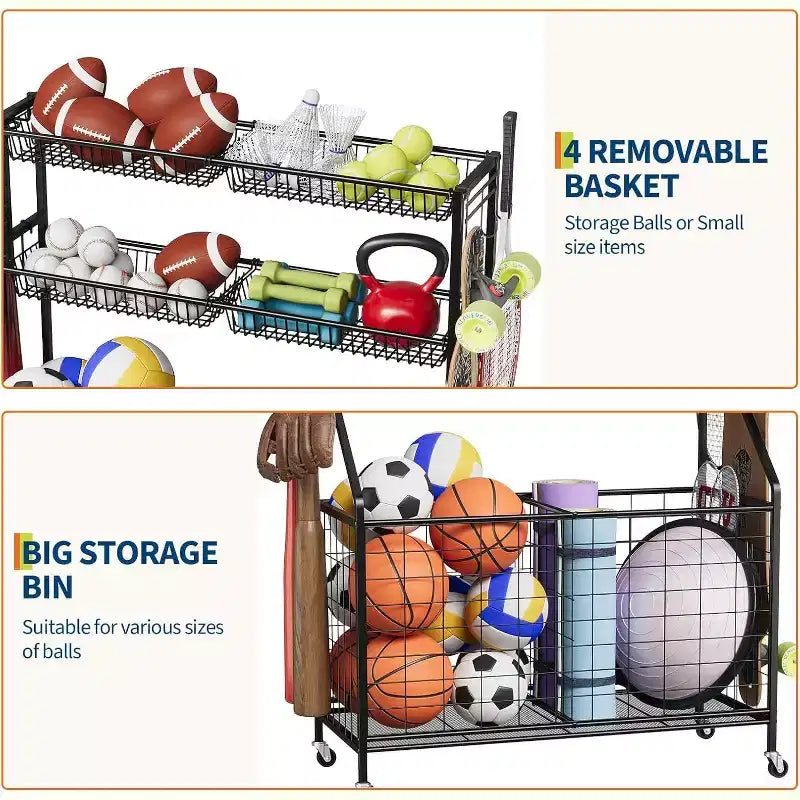 Organisateur de rangement de sport pour garage, Organisateur d'équipement de sport grande capacité avec crochets et paniers, Chariot à roulettes pour ballons