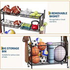 Organisateur de rangement de sport pour garage, Organisateur d'équipement de sport grande capacité avec crochets et paniers, Chariot à roulettes pour ballons