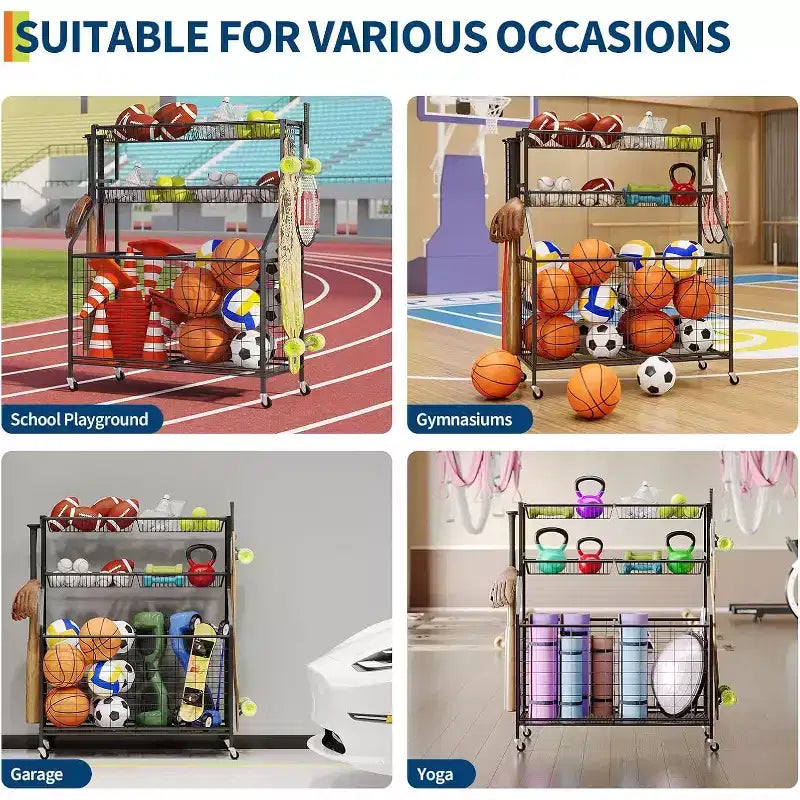 Organisateur de rangement de sport pour garage, Organisateur d'équipement de sport grande capacité avec crochets et paniers, Chariot à roulettes pour ballons