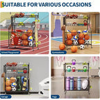 Organisateur de rangement de sport pour garage, Organisateur d'équipement de sport grande capacité avec crochets et paniers, Chariot à roulettes pour ballons