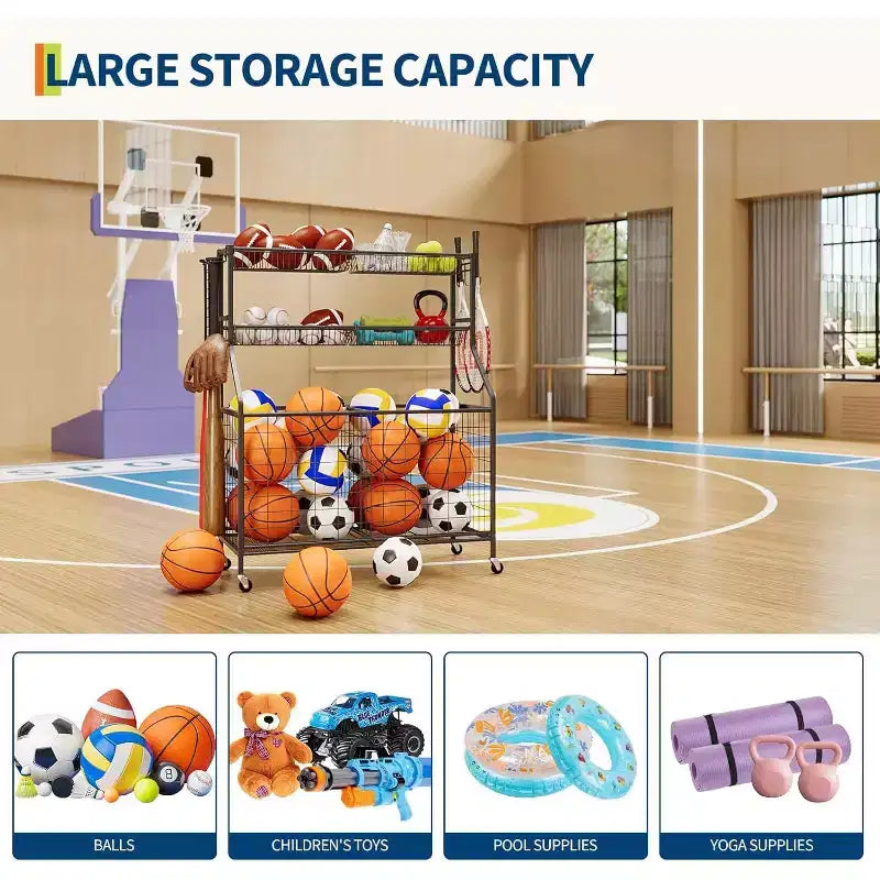 Organisateur de rangement de sport pour garage, Organisateur d'équipement de sport grande capacité avec crochets et paniers, Chariot à roulettes pour ballons